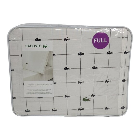 Lacoste Full/Double Sheet Set 100% Cotton Percale Lightweight Black White - Picture 1 of 6